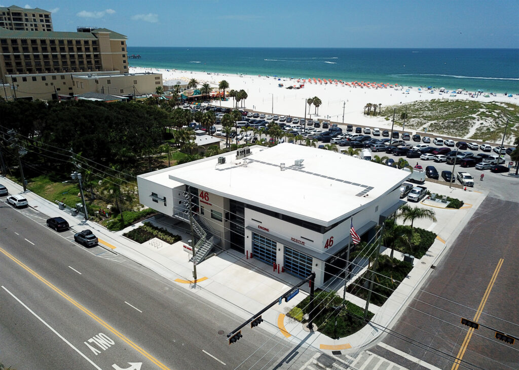 A fire station's proximity to the beach, emphasizing the importance of resilience and long lasting architecture.