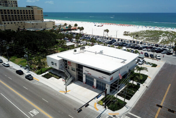 A fire station's proximity to the beach, emphasizing the importance of resilience and long lasting architecture.